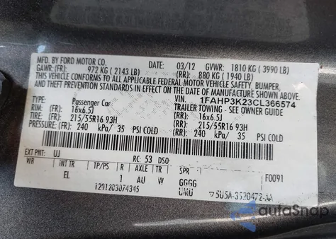 2012 Ford Focus Se from USA, damaged, VIN 1FAHP3K23CL366574